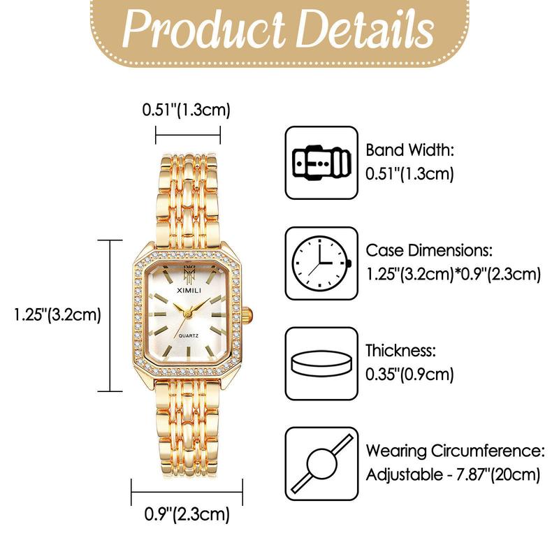Gold Lightweight Square Watch Elegant Vintage, Rhinestone Diamond Accented Small Stainless Steel Bracelet Wristwatch