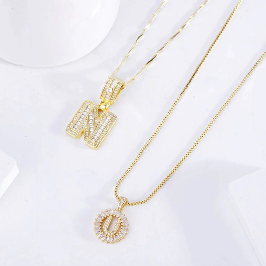 Gold Pave Letter Initial Necklace Set