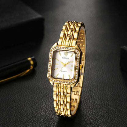 Gold Lightweight Square Watch Elegant Vintage, Rhinestone Diamond Accented Small Stainless Steel Bracelet Wristwatch