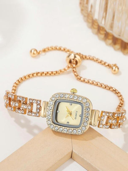 Women's Square Rhinestone Decor Watch, Wristwatch with Adjustable Strap