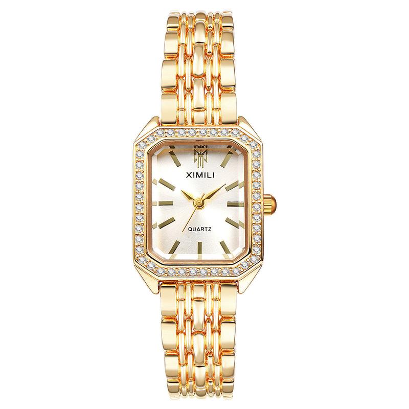 Gold Lightweight Square Watch Elegant Vintage, Rhinestone Diamond Accented Small Stainless Steel Bracelet Wristwatch