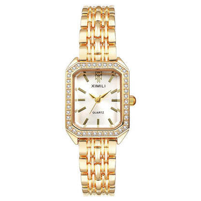 Gold Lightweight Square Watch Elegant Vintage, Rhinestone Diamond Accented Small Stainless Steel Bracelet Wristwatch