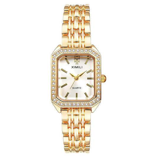 Gold Lightweight Square Watch Elegant Vintage, Rhinestone Diamond Accented Small Stainless Steel Bracelet Wristwatch