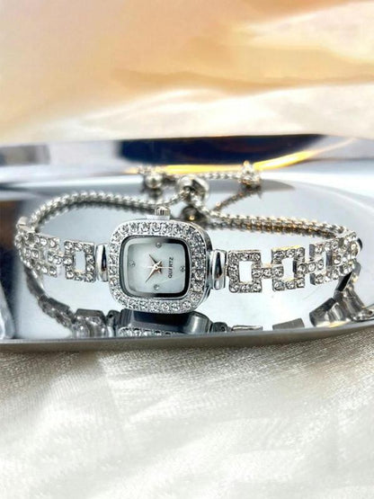 Women's Square Rhinestone Decor Watch, Wristwatch with Adjustable Strap