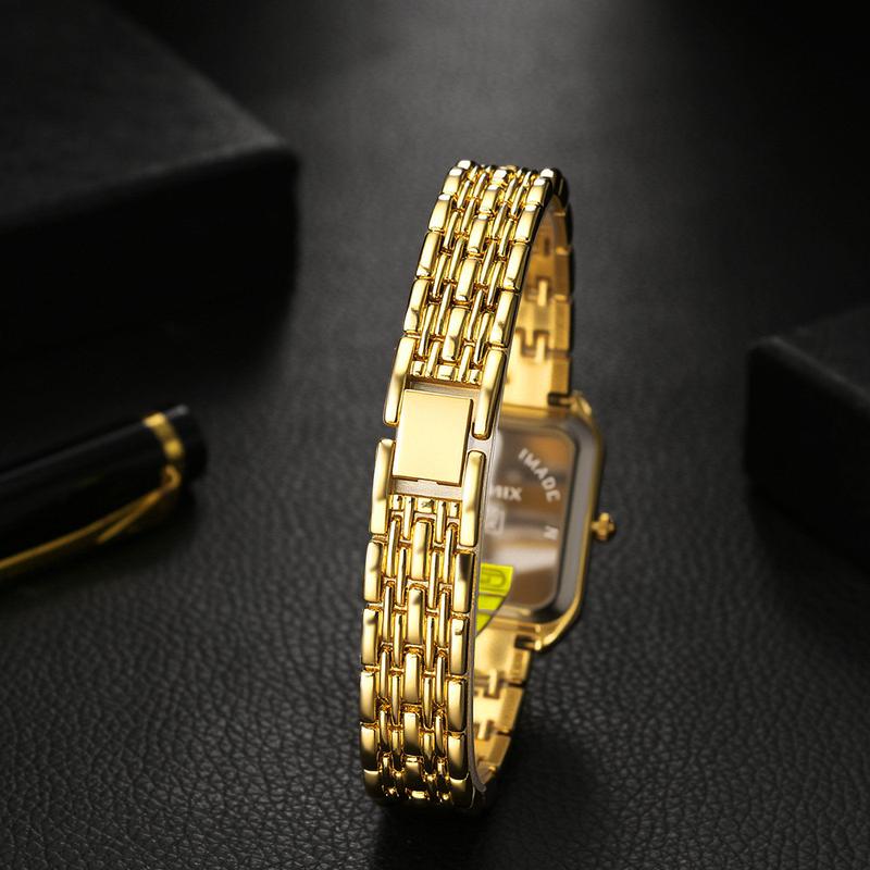 Gold Lightweight Square Watch Elegant Vintage, Rhinestone Diamond Accented Small Stainless Steel Bracelet Wristwatch