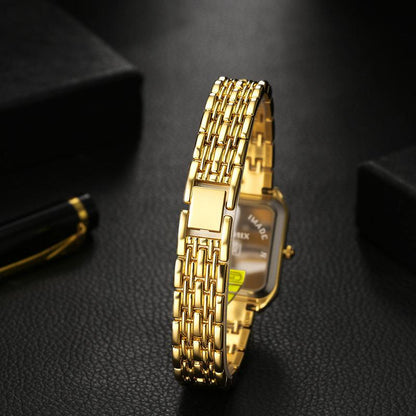 Gold Lightweight Square Watch Elegant Vintage, Rhinestone Diamond Accented Small Stainless Steel Bracelet Wristwatch