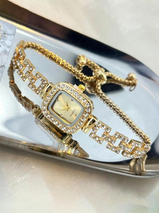 Women's Square Rhinestone Decor Watch, Wristwatch with Adjustable Strap
