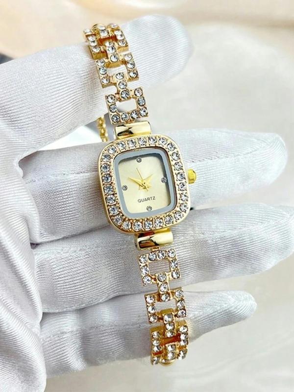 Women's Square Rhinestone Decor Watch, Wristwatch with Adjustable Strap