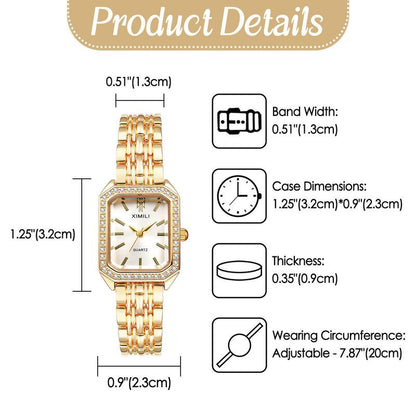 Gold Lightweight Square Watch Elegant Vintage, Rhinestone Diamond Accented Small Stainless Steel Bracelet Wristwatch