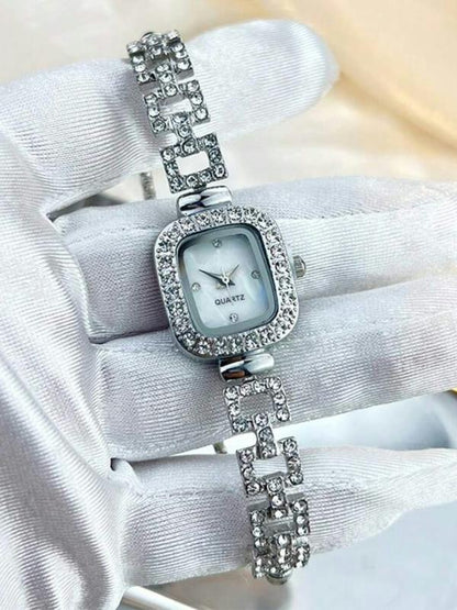 Women's Square Rhinestone Decor Watch, Wristwatch with Adjustable Strap