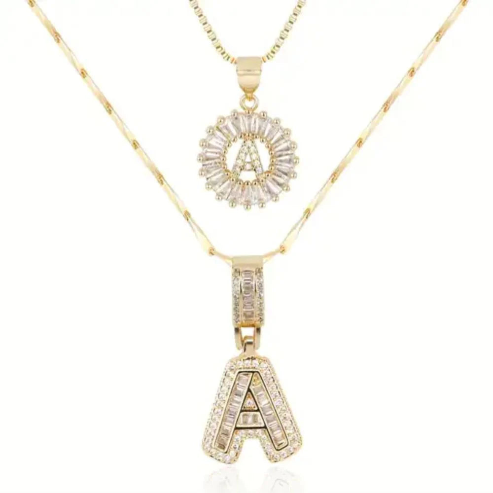 Gold Pave Letter Initial Necklace Set