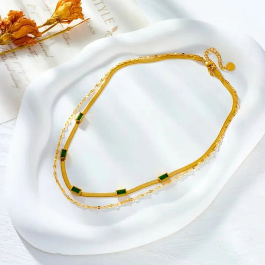 Sorella Gem Double-Layer Retro Emerald/Gold Necklace
