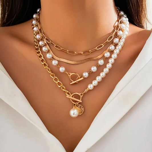Vintage Pearl & Snake Chain Necklace Set
